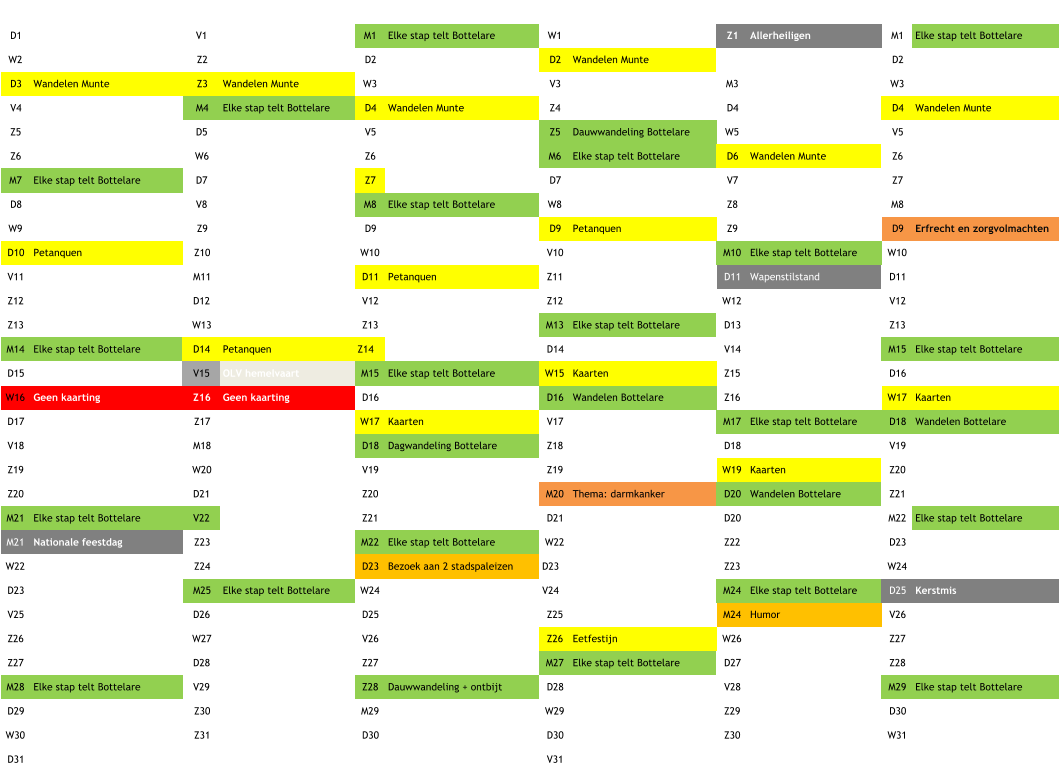 D1 V1 M1 Elke stap telt Bottelare W1 Z1 Allerheiligen M1 Elke stap telt Bottelare W2 Z2 D2 D2 Wandelen Munte Z2 D2 D3 Wandelen Munte Z3 Wandelen Munte W3 V3 M3 W3 V4 M4 Elke stap telt Bottelare D4 Wandelen Munte Z4 D4 D4 Wandelen Munte Z5 D5 V5 Z5 Dauwwandeling Bottelare W5 V5 Z6 W6 Z6 M6 Elke stap telt Bottelare D6 Wandelen Munte Z6 M7 Elke stap telt Bottelare D7 Z7 D7 V7 Z7 D8 V8 M8 Elke stap telt Bottelare W8 Z8 M8 W9 Z9 D9 D9 Petanquen Z9 D9 Erfrecht en zorgvolmachten D10 Petanquen Z10 W10 V10 M10 Elke stap telt Bottelare W10 V11 M11 D11 Petanquen Z11 D11 Wapenstilstand D11 Z12 D12 V12 Z12 W12 V12 Z13 W13 Z13 M13 Elke stap telt Bottelare D13 Z13 M14 Elke stap telt Bottelare D14 Petanquen Z14 D14 V14 M15 Elke stap telt Bottelare D15 V15 OLV hemelvaart M15 Elke stap telt Bottelare  W15 Kaarten Z15 Wapenstilstand D16 W16 Geen kaarting Z16 Geen kaarting D16 D16 Wandelen Bottelare Z16 W17 Kaarten D17 Z17 W17 Kaarten V17 M17 Elke stap telt Bottelare D18 Wandelen Bottelare V18 M18 D18 Dagwandeling Bottelare Z18 D18 V19 Z19 W20 V19 Z19 W19 Kaarten Z20 Z20 D21 Z20 M20 Thema: darmkanker D20 Wandelen Bottelare Z21 M21 Elke stap telt Bottelare V22 Z21 D21 D20 M22 Elke stap telt Bottelare M21 Nationale feestdag Z23 M22 Elke stap telt Bottelare W22 Z22 D23 W22 Z24 D23 Bezoek aan 2 stadspaleizen D23 Z23 W24 D23 M25 Elke stap telt Bottelare W24 V24 M24 Elke stap telt Bottelare D25 Kerstmis V25 D26 D25 Z25 M24 Humor V26 Z26 W27 V26 Z26 Eetfestijn W26 Z27 Z27 D28 Z27 M27 Elke stap telt Bottelare D27 Z28 M28 Elke stap telt Bottelare V29 Z28 Dauwwandeling + ontbijt D28 V28 M29 Elke stap telt Bottelare D29 Z30 M29 W29 Z29 D30 W30 Z31 D30 D30 Z30 W31 D31 V31