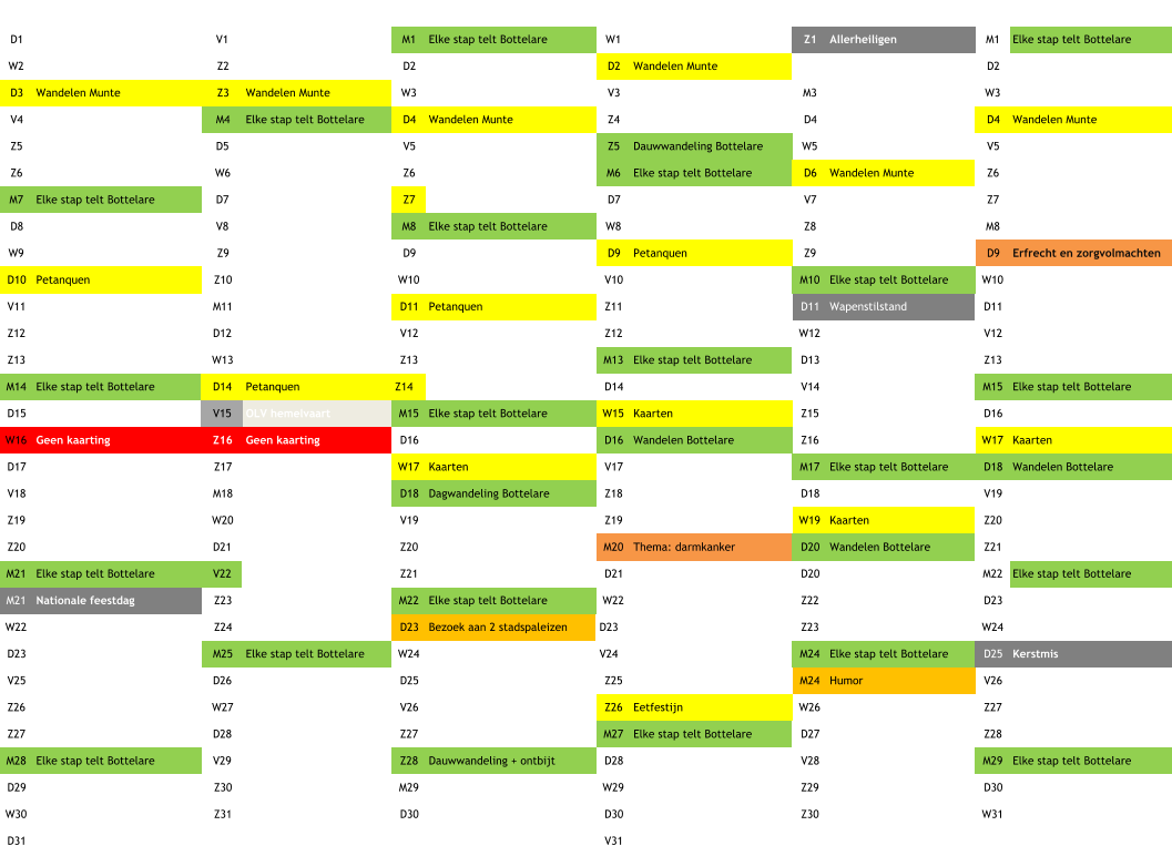 D1 V1 M1 Elke stap telt Bottelare W1 Z1 Allerheiligen M1 Elke stap telt Bottelare W2 Z2 D2 D2 Wandelen Munte Z2 D2 D3 Wandelen Munte Z3 Wandelen Munte W3 V3 M3 W3 V4 M4 Elke stap telt Bottelare D4 Wandelen Munte Z4 D4 D4 Wandelen Munte Z5 D5 V5 Z5 Dauwwandeling Bottelare W5 V5 Z6 W6 Z6 M6 Elke stap telt Bottelare D6 Wandelen Munte Z6 M7 Elke stap telt Bottelare D7 Z7 D7 V7 Z7 D8 V8 M8 Elke stap telt Bottelare W8 Z8 M8 W9 Z9 D9 D9 Petanquen Z9 D9 Erfrecht en zorgvolmachten D10 Petanquen Z10 W10 V10 M10 Elke stap telt Bottelare W10 V11 M11 D11 Petanquen Z11 D11 Wapenstilstand D11 Z12 D12 V12 Z12 W12 V12 Z13 W13 Z13 M13 Elke stap telt Bottelare D13 Z13 M14 Elke stap telt Bottelare D14 Petanquen Z14 D14 V14 M15 Elke stap telt Bottelare D15 V15 OLV hemelvaart M15 Elke stap telt Bottelare  W15 Kaarten Z15 Wapenstilstand D16 W16 Geen kaarting Z16 Geen kaarting D16 D16 Wandelen Bottelare Z16 W17 Kaarten D17 Z17 W17 Kaarten V17 M17 Elke stap telt Bottelare D18 Wandelen Bottelare V18 M18 D18 Dagwandeling Bottelare Z18 D18 V19 Z19 W20 V19 Z19 W19 Kaarten Z20 Z20 D21 Z20 M20 Thema: darmkanker D20 Wandelen Bottelare Z21 M21 Elke stap telt Bottelare V22 Z21 D21 D20 M22 Elke stap telt Bottelare M21 Nationale feestdag Z23 M22 Elke stap telt Bottelare W22 Z22 D23 W22 Z24 D23 Bezoek aan 2 stadspaleizen D23 Z23 W24 D23 M25 Elke stap telt Bottelare W24 V24 M24 Elke stap telt Bottelare D25 Kerstmis V25 D26 D25 Z25 M24 Humor V26 Z26 W27 V26 Z26 Eetfestijn W26 Z27 Z27 D28 Z27 M27 Elke stap telt Bottelare D27 Z28 M28 Elke stap telt Bottelare V29 Z28 Dauwwandeling + ontbijt D28 V28 M29 Elke stap telt Bottelare D29 Z30 M29 W29 Z29 D30 W30 Z31 D30 D30 Z30 W31 D31 V31